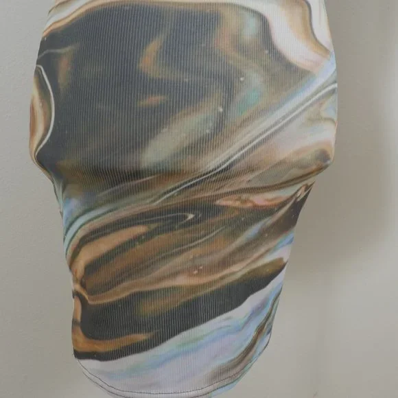 Pretty Little Thing Blue Brown Green Marble Design Size 4 Sleeveless Mini Dress - Picture 11 of 11